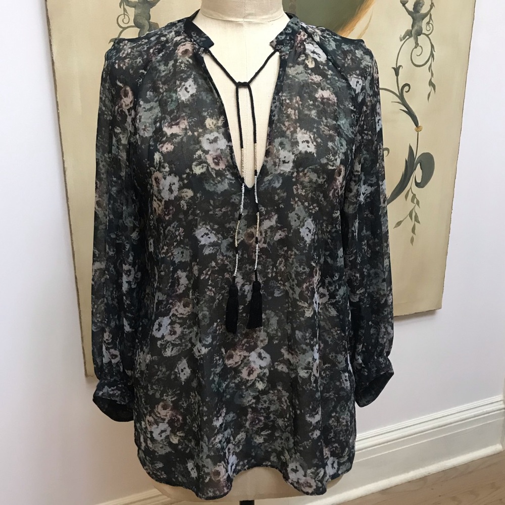 Zara Woman green floral semi-sheer blouse size XS